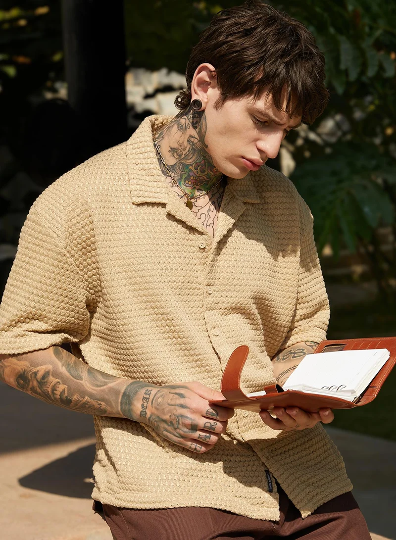 Men's Buff Beige Oval-Tactile Knit Oversized Shirt For Casual Wear | Cuban Collar | Short Regular Sleeves | Button Closure | Oversized Shirt Crafted With Comfort Fit For Everyday Wear